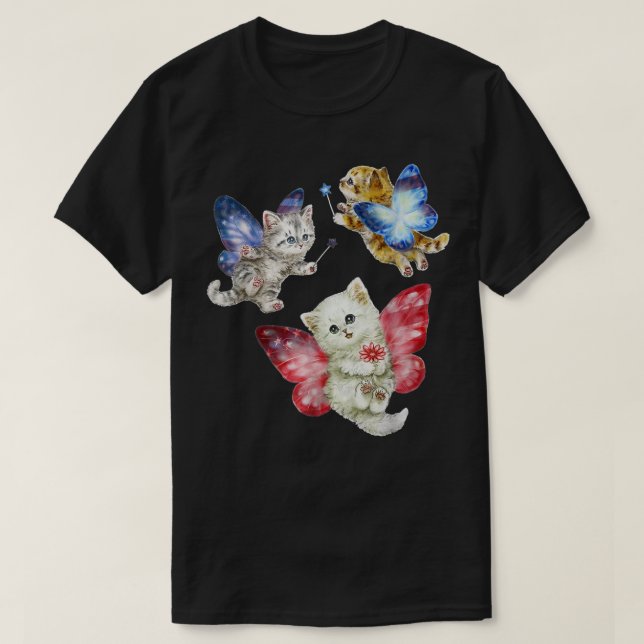 Fairy Cute Cats Kitten Fly A Butterfly Cat Kitten  T-Shirt (Design Front)