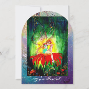 FAIRY DREAMING ON A RED FLOWER blue yellow,green Invitation