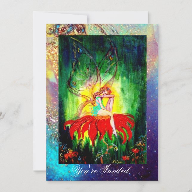 FAIRY DREAMING ON A RED FLOWER blue yellow,green Invitation (Front)