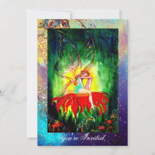 FAIRY DREAMING ON A RED FLOWER blue yellow,green Invitation