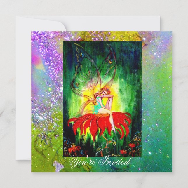 FAIRY DREAMING ON A RED FLOWER purple yellow,green Invitation (Front)