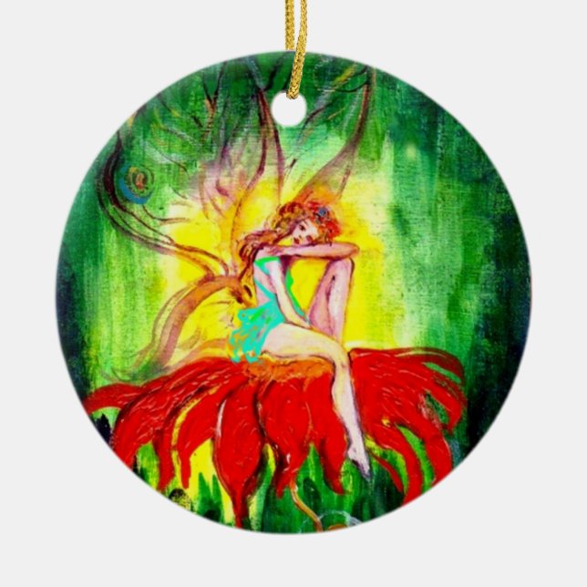 FAIRY DREAMING ON A RED FLOWER ,VIBRANT RUBY CERAMIC TREE DECORATION (Front)