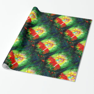 FAIRY DREAMING ON RED FLOWER Green Yellow Fantasy Wrapping Paper