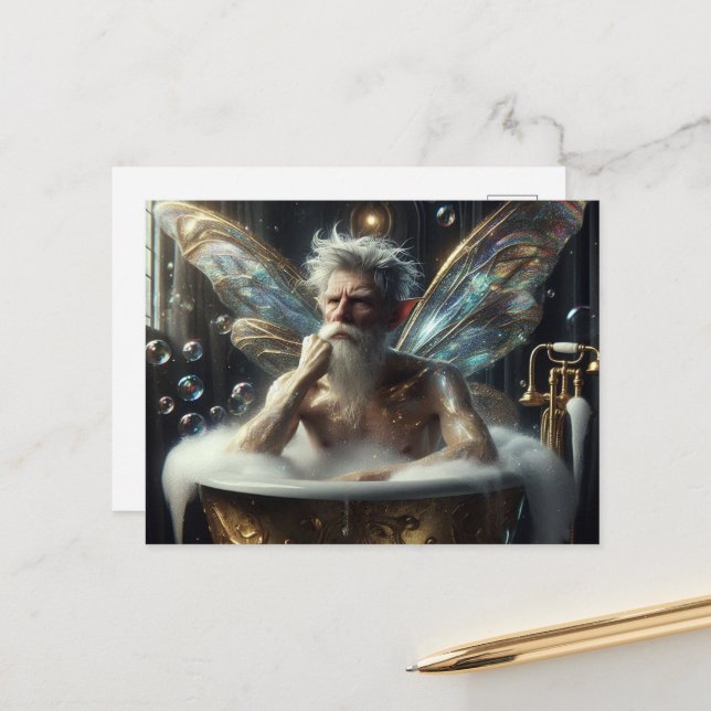Fairy Elder man in the Bubblebath Postcard (Front/Back In Situ)