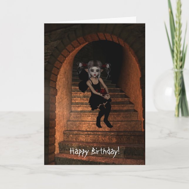 Fairy Elf DarkWolf Raven The Stairs Happy Birthday Card (Front)