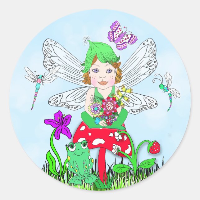 Fairy Elf Girl Sitting on Magical Mushroom Classic Round Sticker (Front)