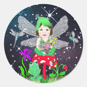 Fairy Elf Girl Sitting on Magical Mushroom Classic Round Sticker