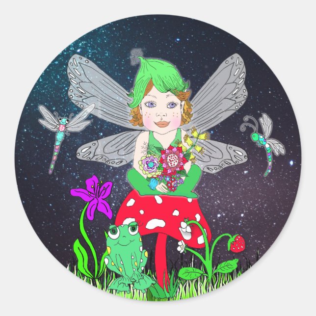 Fairy Elf Girl Sitting on Magical Mushroom Classic Round Sticker (Front)