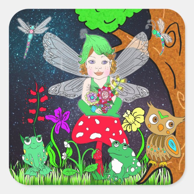 Fairy Elf Girl Sitting on Magical Mushroom Square Sticker (Front)