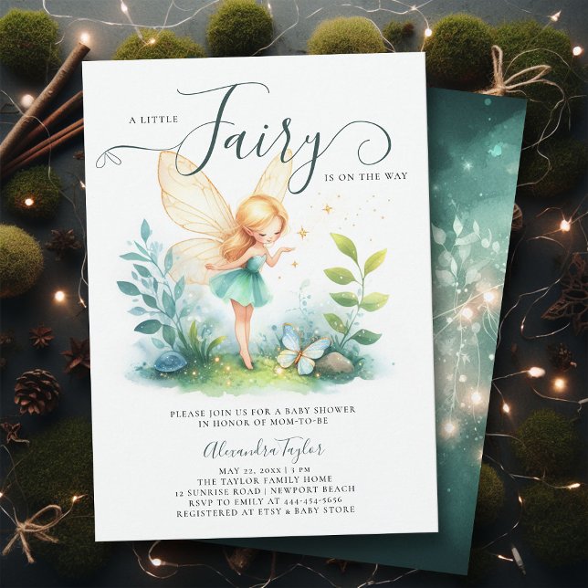 Fairy Enchanted Emerald Garden Baby Girl Shower Invitation (a little fairy girl baby shower invitation enchanted forest garden butterfly emerald gold classy)