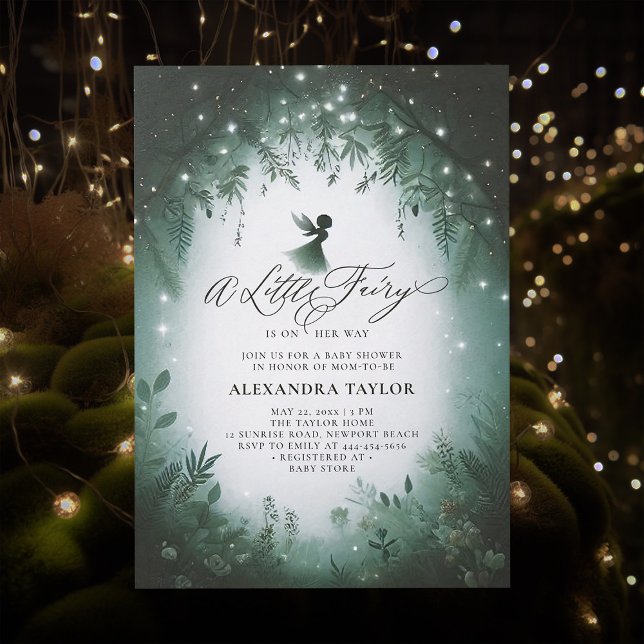 Fairy Enchanted Forest Emerald Baby Girl Shower Invitation (little fairy baby shower invitation enchanted forest magical faerie elegant modern emerald frame)