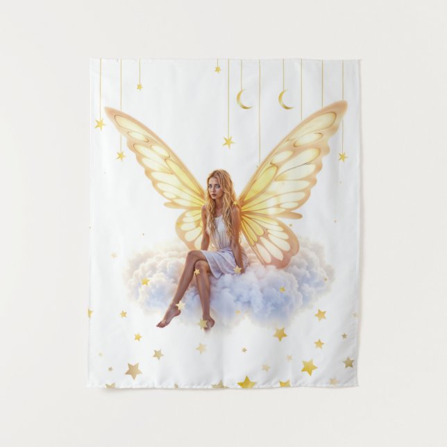 Fairy fantasy blonde girl cloud sitting magical tapestry (Front)