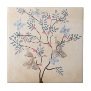Fairy fantasy tree birds flowers beige grunge retr tile