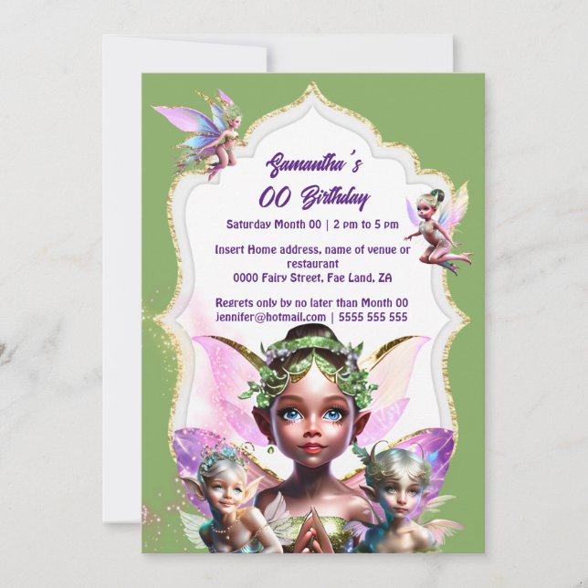 Fairy fantasy whimsical pixie princess green girly invitation (Front)
