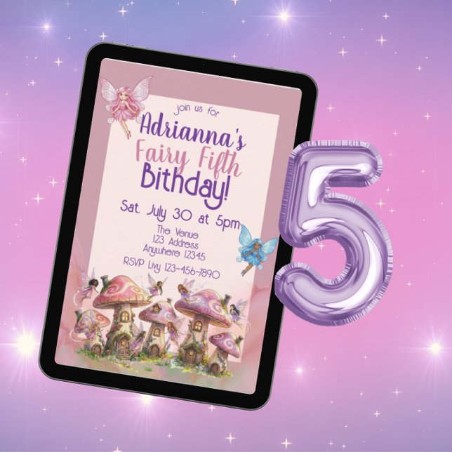 Fairy Fifth, Pink Purple 5th Birthday Invitation (Creator Uploaded)
