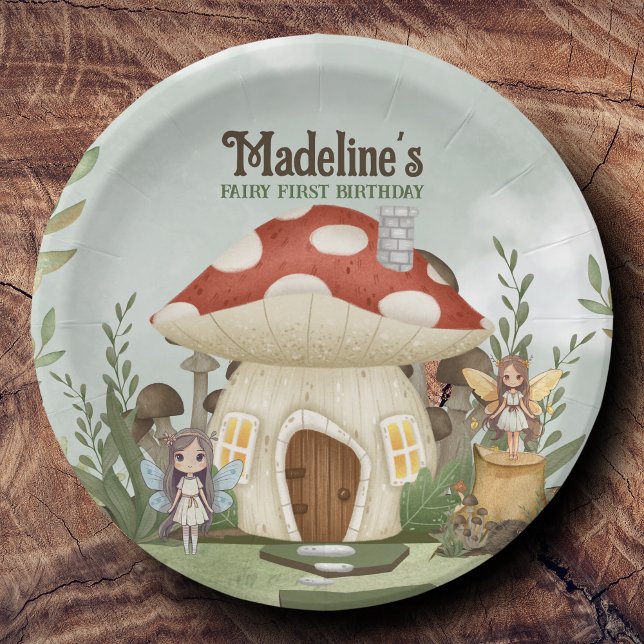 Fairy First 1st Birthday Mushroom Woodland Animals Paper Plate (Personalized Paper Plates)