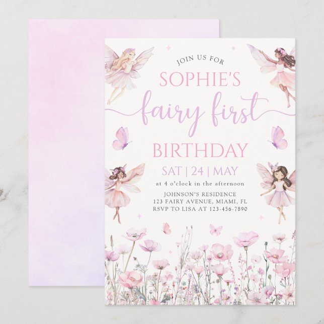 Fairy First 1st Birthday Party Invitation (Front/Back)
