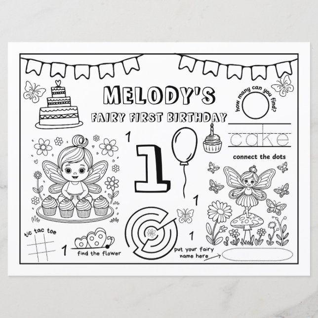 Fairy First Birthday Colouring Page Paper Sheet (Front)
