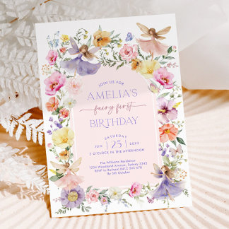 Fairy First Birthday Cute Floral Garden Fairies 1s Invitation