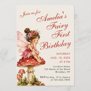 Fairy First Birthday Cute Girl Red Script Mushroom Invitation