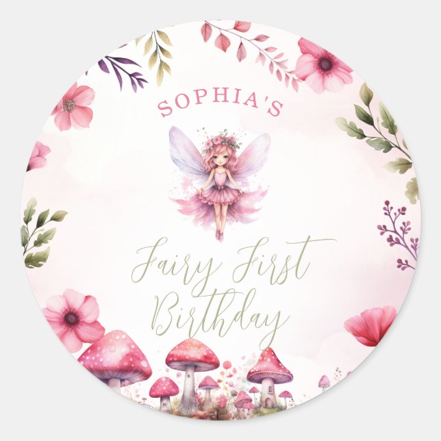 Fairy First Birthday Enchanted Forest Mushroom Classic Round Sticker (Front)