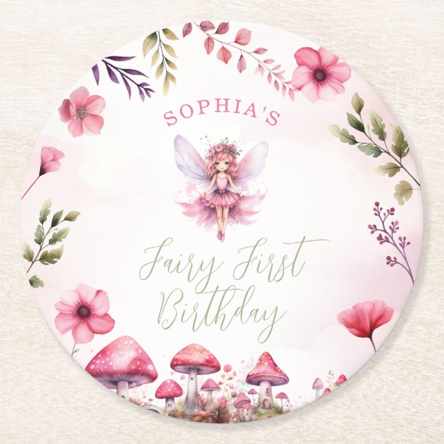 Fairy First Birthday Enchanted Forest Mushroom Round Paper Coaster (Front)