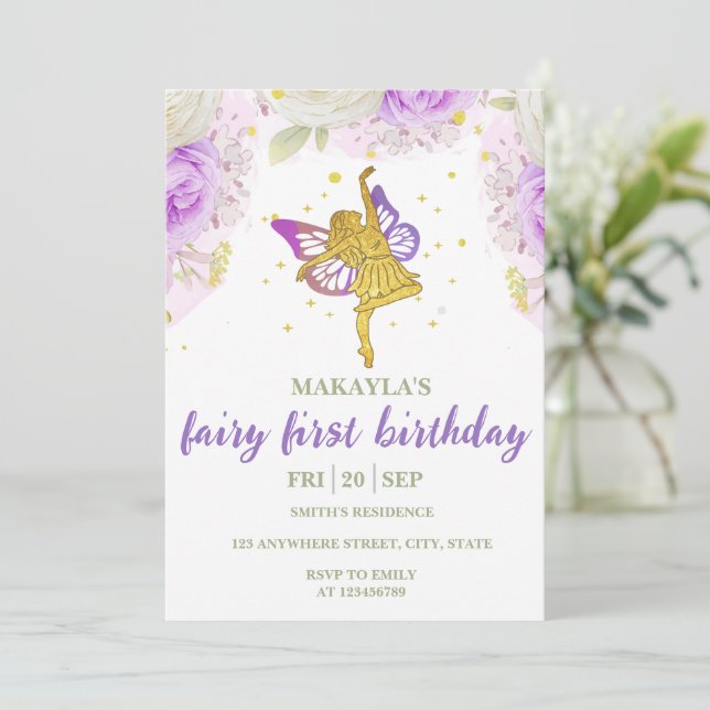 Fairy First Birthday flowers Watercolor Mushroom Invitation (Standing Front)