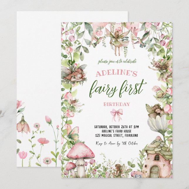 Fairy First Birthday Forest Watercolor Cute Girl Invitation (Front/Back)
