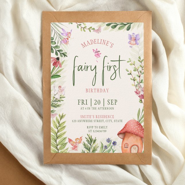 Fairy First Birthday Forest Watercolor Mushroom  Invitation (fairy first 1st birthday invitation)