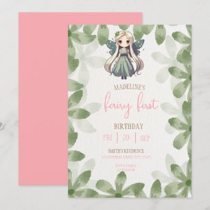 Fairy First Birthday Forest Watercolor Mushroom  Invitation