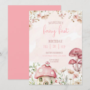 Fairy First Birthday Forest Watercolor Mushroom  Invitation