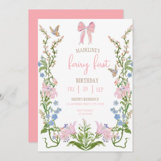 Fairy First Birthday Forest Watercolor Mushroom  Invitation (Front/Back)