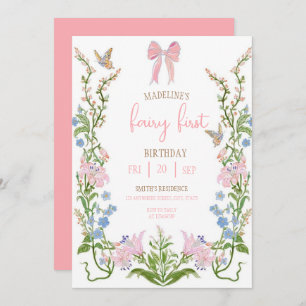 Fairy First Birthday Forest Watercolor Mushroom  Invitation