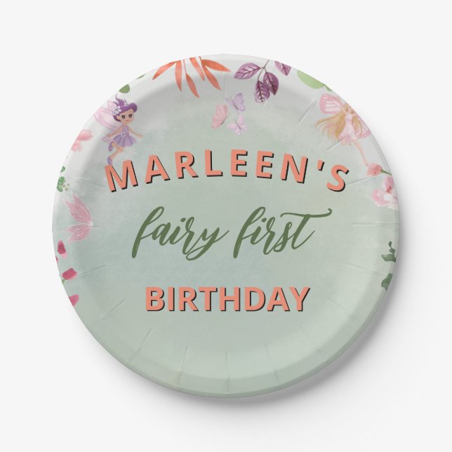 Fairy First Birthday Forest Watercolor Mushroom Paper Plate (Front)