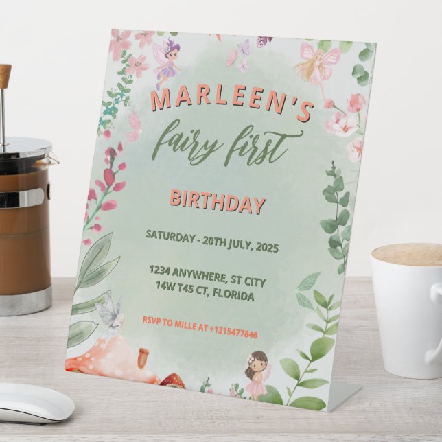 Fairy First Birthday Forest Watercolor Mushroom Pedestal Sign (In SItu)