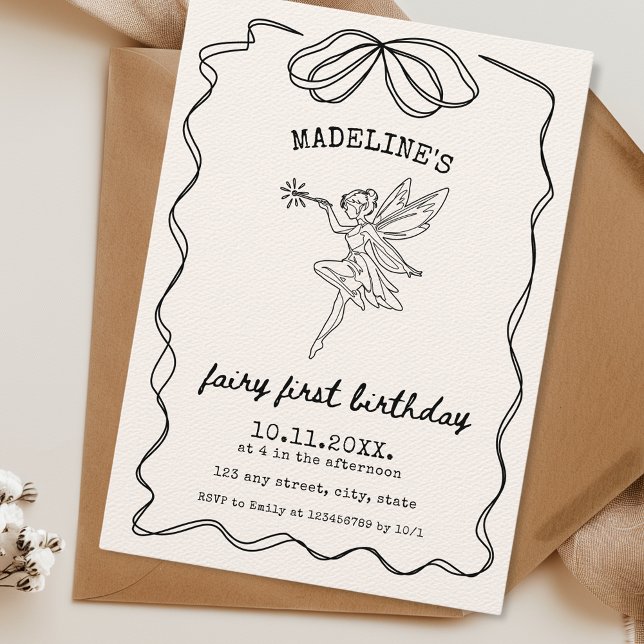 Fairy First Birthday Hand Illustrated Minimalist Invitation (Hand Drawn Fairy First Birthday Invitation Hand Illustrated Bow Minimalist)