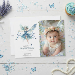 Fairy First Birthday Invitation Dusty Blue