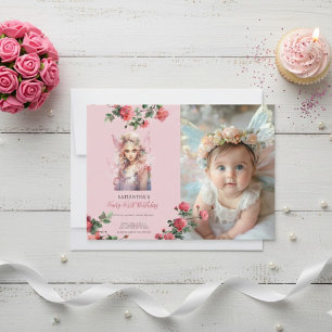 Fairy First Birthday Invitation Dusty Pink