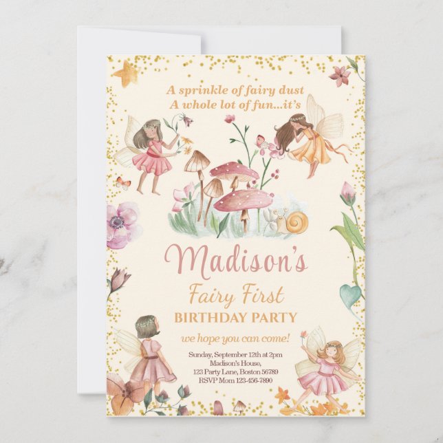 Fairy First Birthday Invitation Fairy Invitation (Front)