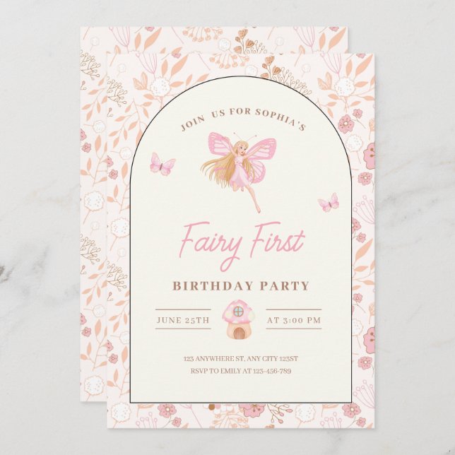 Fairy First Birthday Invitation, Garden birthday  Invitation (Front/Back)