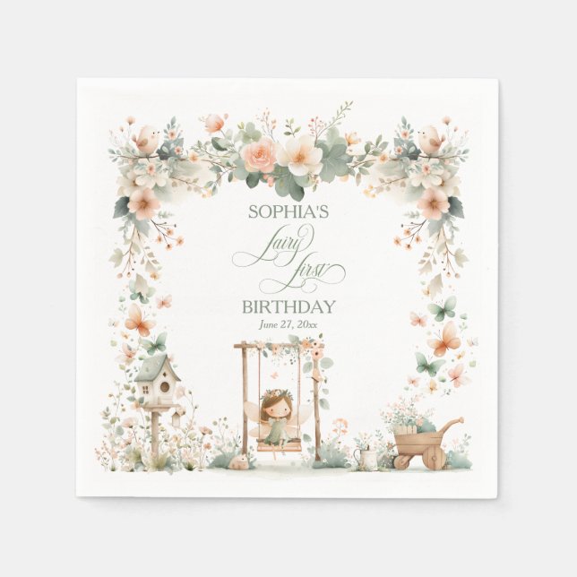 Fairy First Birthday Party Personalised Napkin (Front)