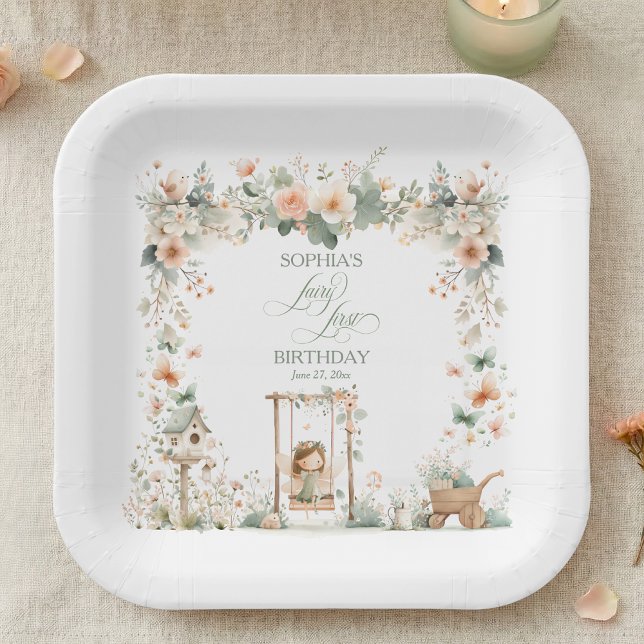 Fairy First Birthday Party Personalised Paper Plate (elegant floral fairy first birthday party paper plates with custom name and script calligraphy)