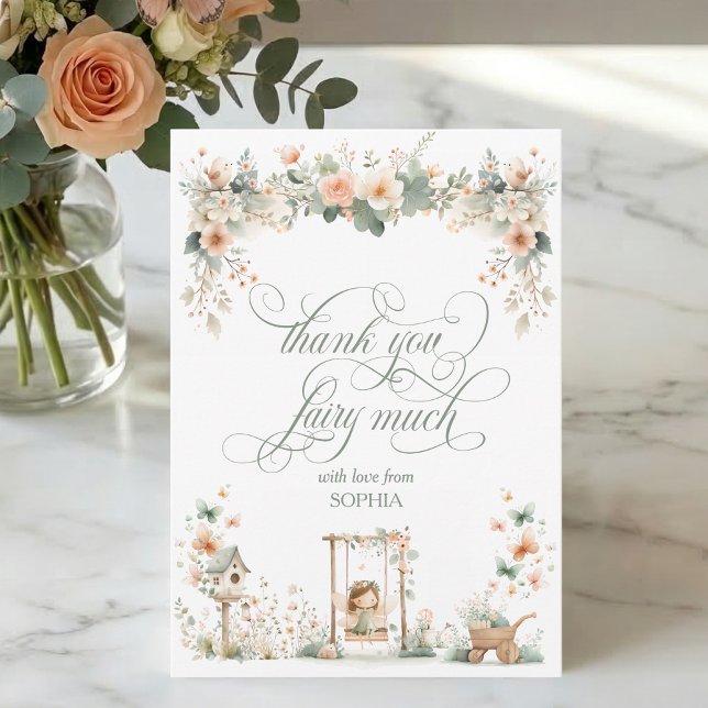 Fairy First Birthday Party Personalized Thank You Card (elegant cute fairy first floral enchanted garden thank you fairy much card with script calligraphy)