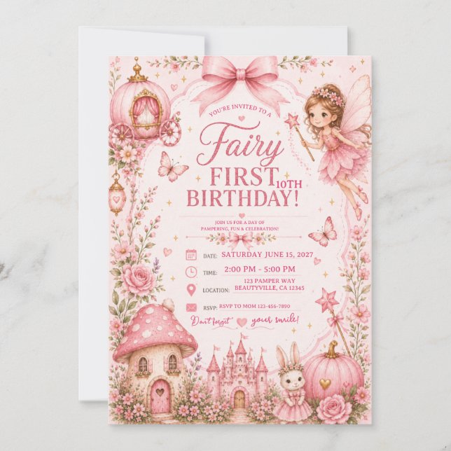 fairy first birthday pink invitation (Front)