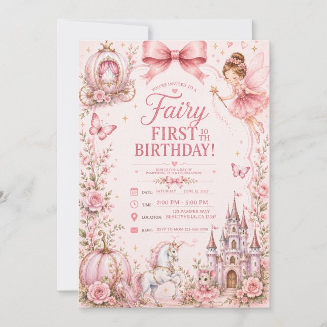 fairy first birthday pink invitation (Front)