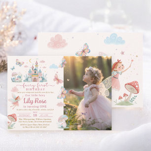 Fairy First Birthday Pink Whimsical Castle Photo Invitation