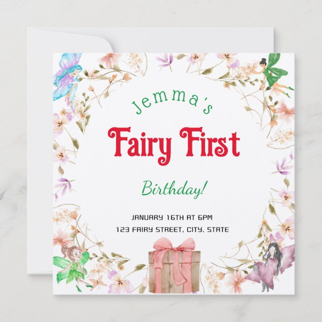 Fairy First Birthday Watercolor GiftBox Invitation (Front)