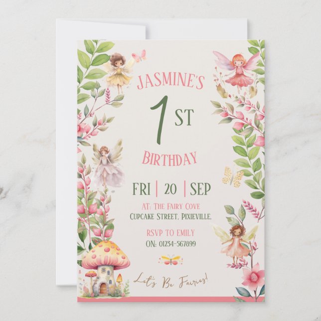 Fairy First Birthday Watercolor Invitation (Front)