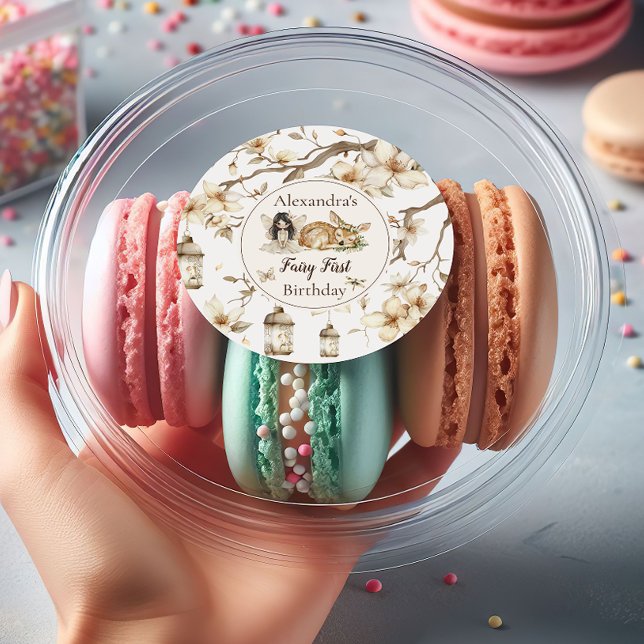 Fairy First Birthday Woodland Floral Classic Round Sticker (Creator Uploaded)