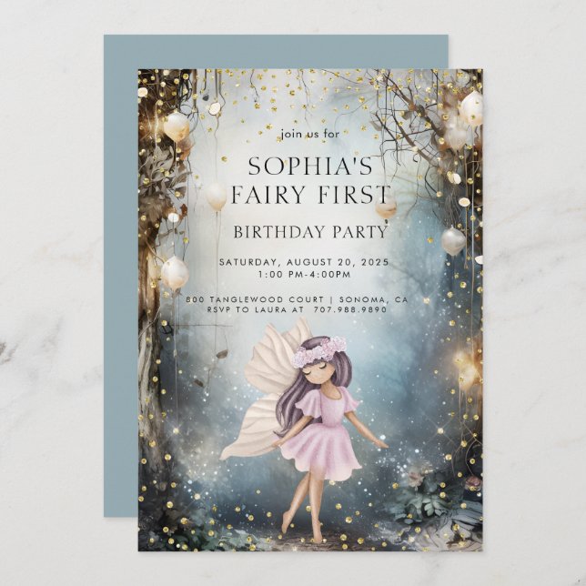 Fairy First Enchanted Forest Girl 1st Birthday Invitation (Front/Back)